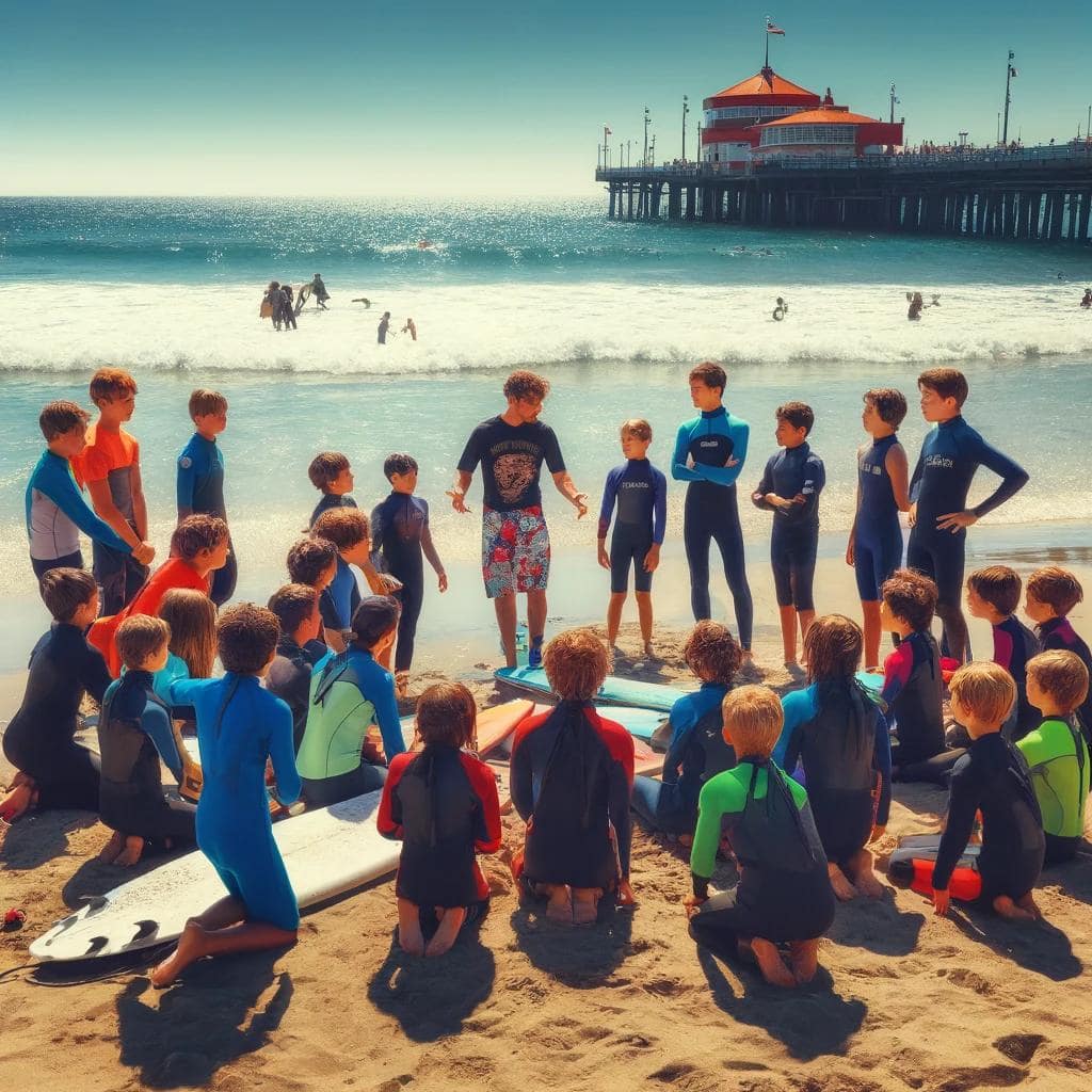 kids and their surf instructor at surf camp in Los Angeles